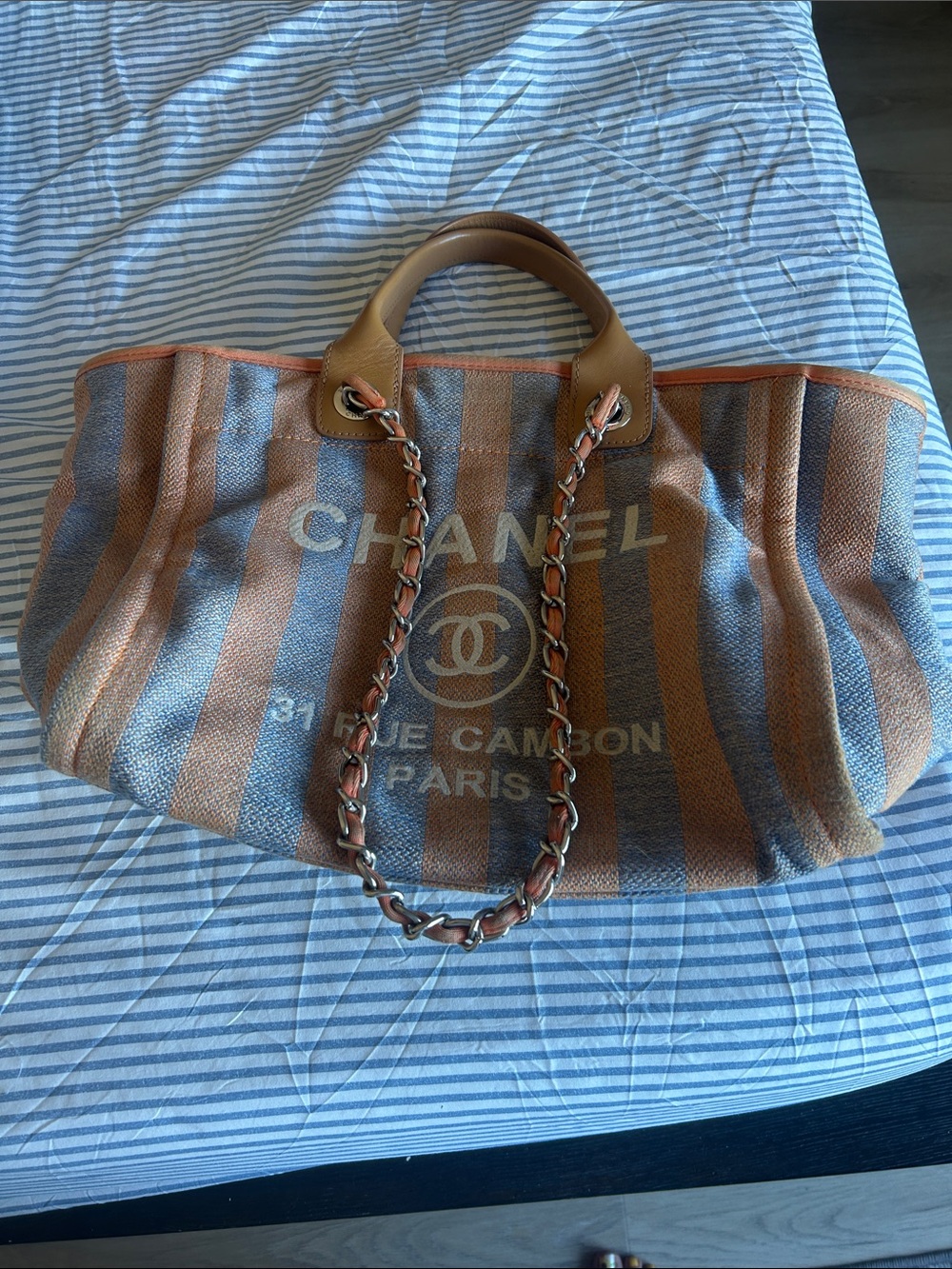 CHANEL Striped Canvas Tote in Tan and Blue with Chain-Trim Handles